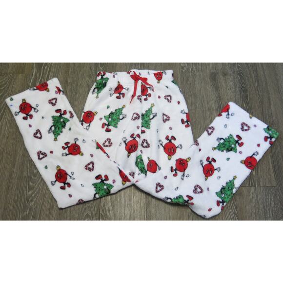 Christmas Pajama Pants Trees Ornaments Size S Women White Multi Fleece Warm Cozy - Picture 3 of 8